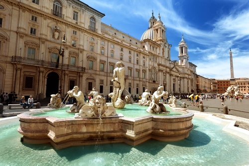 статуи, фонтан, здание, архитектура, площадь, туристы, небо, голубые, бежевые