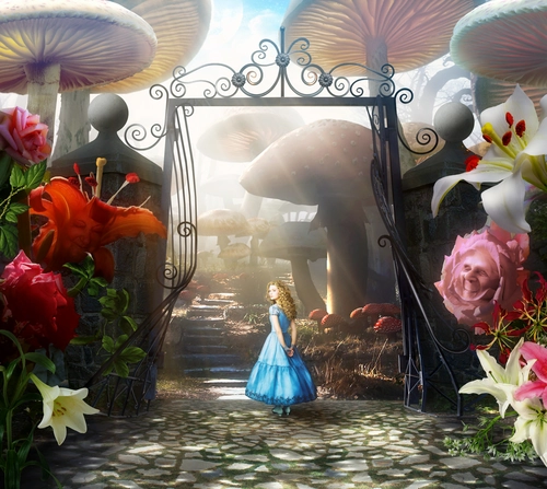 Алиса в стране чудес, сказка, детские, девочка, Алиса, зеленый, коричневый, красный, розовый, цветы, грибы, гриб