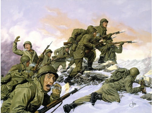 солдаты, наступление, снег, зима, картина, живопись, зеленые, бежевые, серые