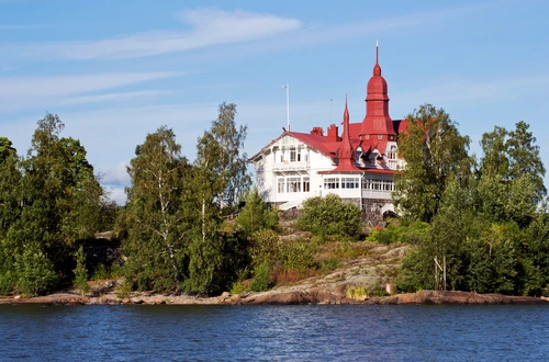 замок, финляндия, природа, озеро, красные, зеленые