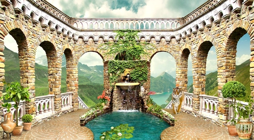 фонтан, кирпичная стена, арки, тигр, растения, горы, бежевые, зелёные, голубые