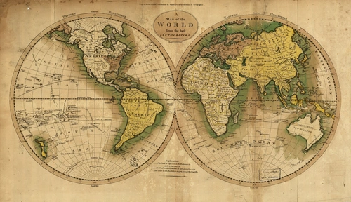 старинная карта мира, материки, океаны, бежевые, жёлтые
