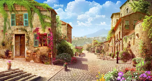 итальянская улочка, улочка, эксклюзивные, бежевые, зеленые, малиновые, облака, Италия, цветы, город