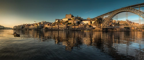 Португалия, Порту, река, мост, дома, панорама, голубые, бежевые