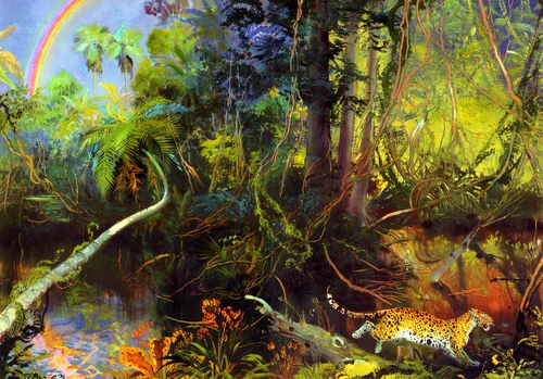 картина, джунгли, лес, зеленые, животные, леопард, желтые, голубые