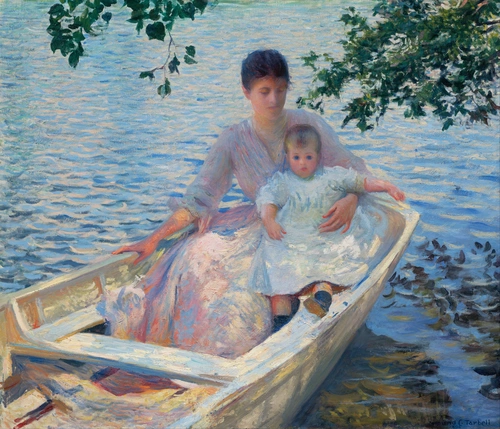 лодка, семья, озеро, люди, ребенок, картина, живопись, голубые, белые