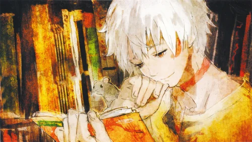 аниме, девушка с книгой, мышь, стена, жёлтые, белые