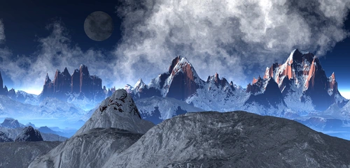 горы, небо, луна, снег, скалы, коричневый, коричневые, белый, белые, синий, синие, серый, серые, черный, черные
