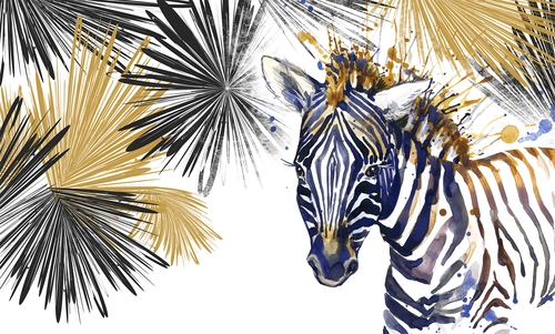 животное, зебра, полоски, растения, рисунок, чёрные, бежевые, синие