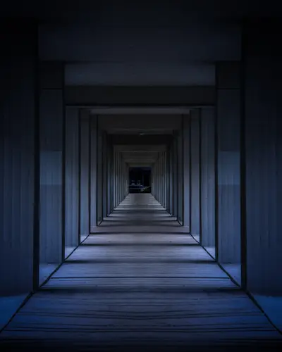 коридор, абстракция, здания, город, квадраты, темные, синие