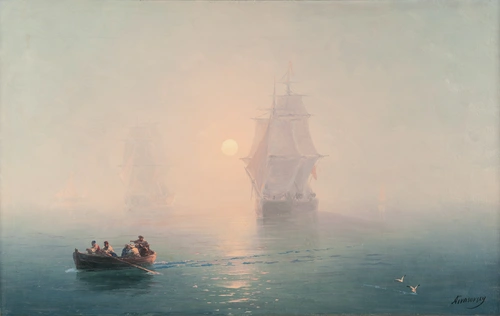 шлюпка, корабль, туман, океан, рассвет, белые, синие, розовые, картина, живопись