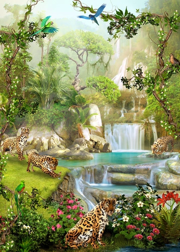 детские, тигры, водопад, водоём, природа, деревья, поляна, трава, попугаи, цветы, зелёные, коричневые