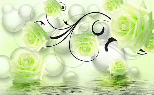 3d, 3д,  роза, цветы, зеленый, салатовый, вода, отражение, узоры, шары, круги, черный