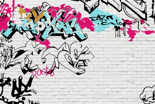 3d, 3д, детские, граффити, стена, кирпичная стена, кирпич, белый, краска, рисунок, настенная надпись, голубой, розовый, черный, фотообои