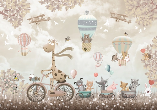 детские, жираф на велосипеде, воздушные шары, звери, деревья, небо, розовые, голубые