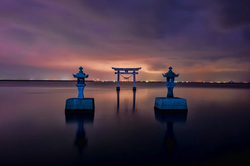 япония, храм, море, кумамото, воды, закат, нагао храм, фиолетовые