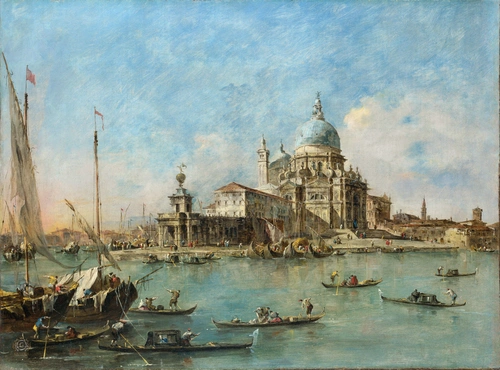 классическая живопись, Франческо Гварди, лодки, церковь, Италия, фреска, голубые, бежевые