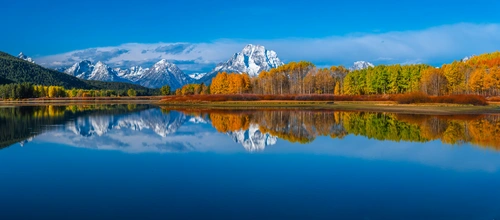 США, горы, осенний пейзаж, панорама озера, голубые, синие, оранжевые