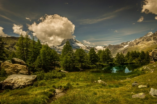 облака, лес, природа, швейцария, бежевые, зеленые, синие