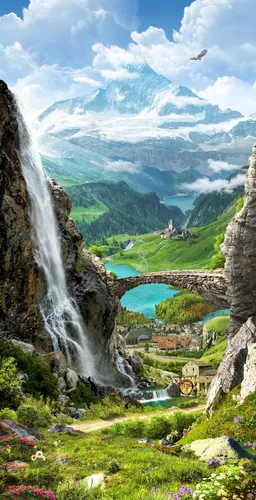 норвежские фьорды, фэнтези, эксклюзивные, зеленые, голубые, синие, коричневые, Норвегия, горы, водопад, водопады, мост