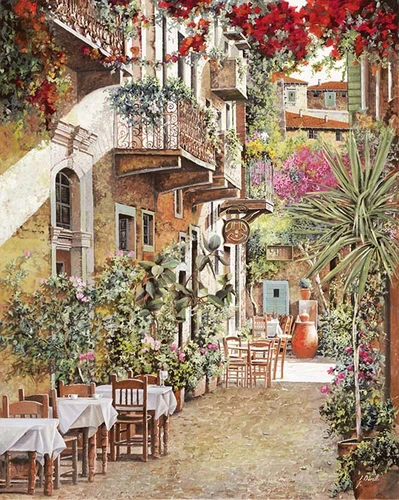 кафе, балкон, терраса, столик, стол, стулья, растительность, город, дом, дома, бежевые, зеленые