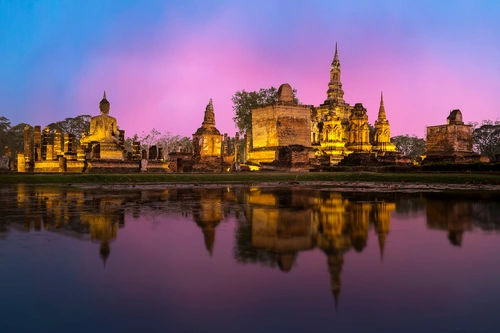 бангкок, архитектура, колонны, статуя, водоём, здание, розовые, жёлтые, серые