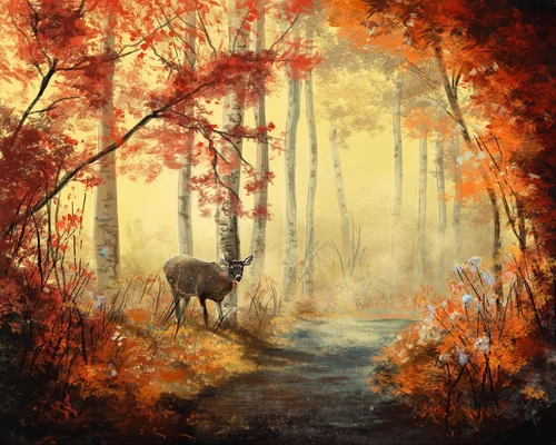 природа, лес, осень, деревья, оленёнок, коричневые, жёлтые, серые