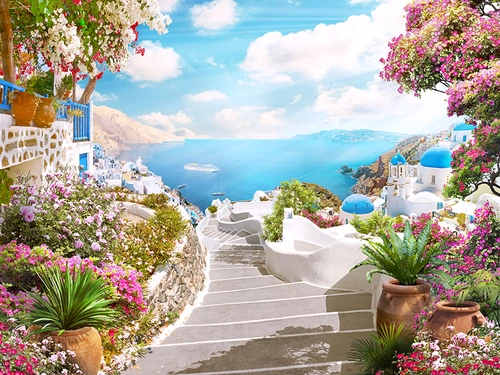 Санторини, церковь, ступеньки, ступени, цветы, море, вода, небо, пейзаж, зелень, растительность, голубые, бежевые, розовые