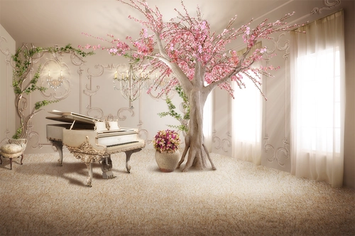 рояль, дерево, интерьер, цветы, бежевые, зеленые, розовые, HD