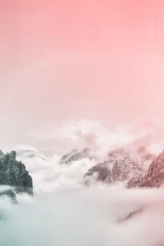горы, облака, туман, розовое небо