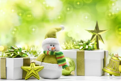 снеговик, подарки, новый год, лента, праздник, зеленые, белые