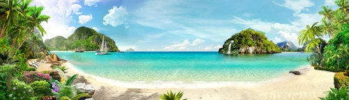 пляж, панорама, море, лежак, шезлонг, пальма, песок, голубые, зеленые, бежевые