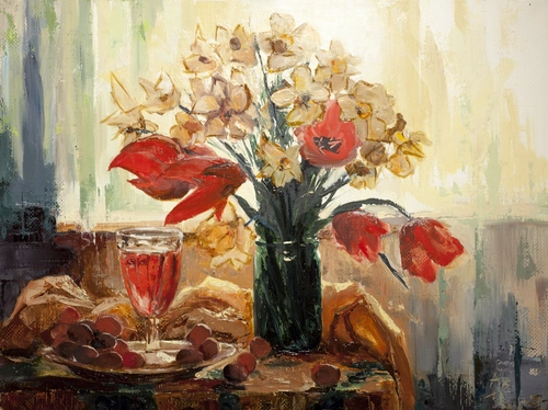 цветы, ваза, стакан, натюрморт, зеленые, черные, красные, коричневые, картина, живопись