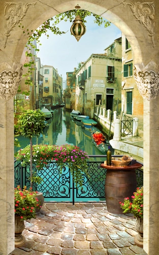 венеция, балкон, арка, водный канал, дома, улица, гандолы, цветы, бежевые, зелёные