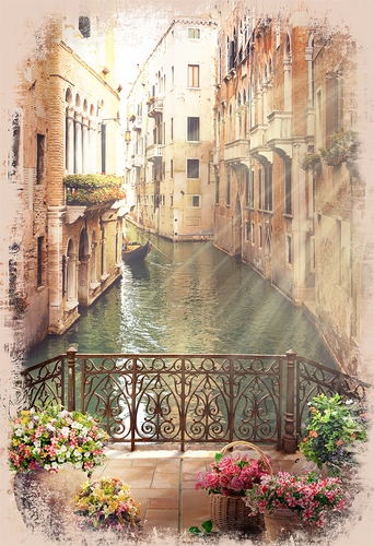 венеция, балкон, дома, водный канал, гандола, цветы, бежевые