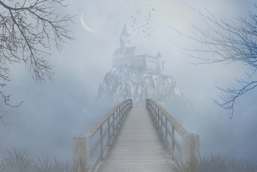 полумесяц, ночь, замок, гора, мост, туман, серые, бежевые