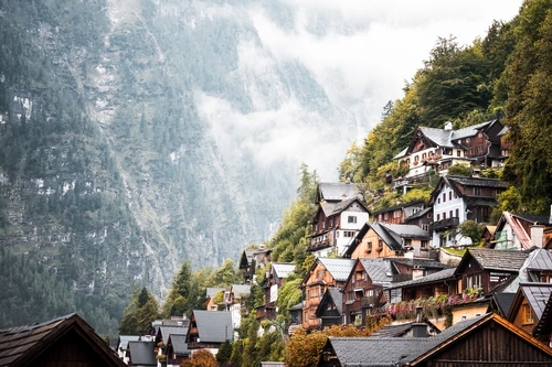 австрия, горы, дома, природа, облака, лес, деревья, серые, зелёные