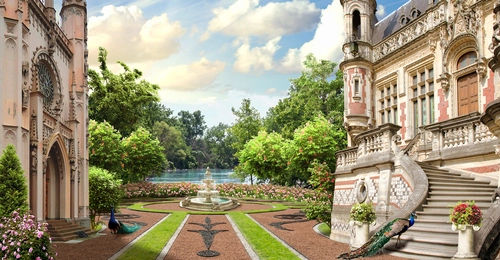 замок, сад, парк, деревья, фонтан, коричневые, зеленые, голубые, HD