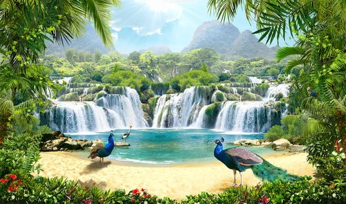 природа, павлины, водопад, водоём, деревья, цветы, горы, небо, голубые, зелёные