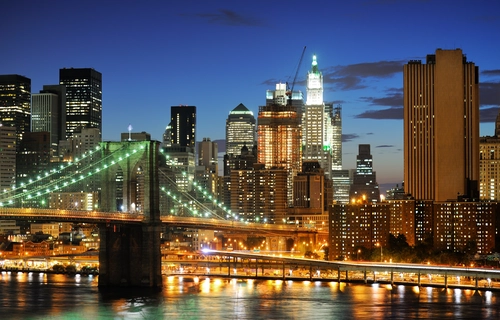 бруклинский мост, бруклин, Нью-Йорк, ночь, огни, желтые, синие, фиолетовые, гудзон