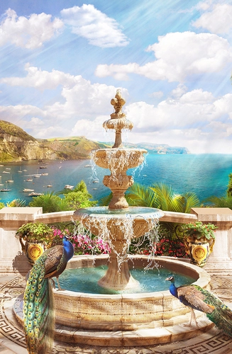 фонтан, павлин, птицы, лодка, море, вода, река, зелень, растительность, цветы, бежевые, голубые