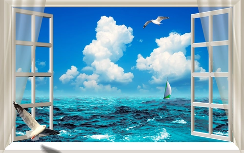 окно, 3д, чайка, океан, яхта, синие, белые, HD