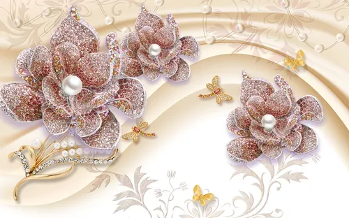 3D фон, ювелирные изделия, цветы с жемчугом, бабочки, жемчуг