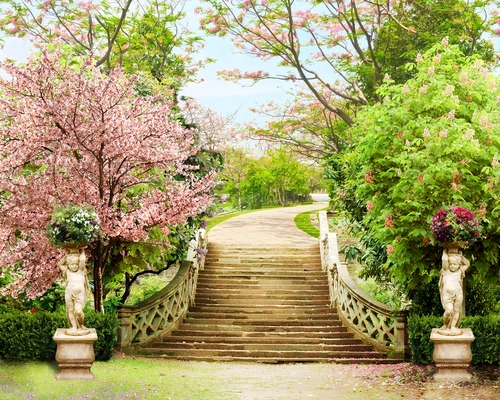 цветы, лестница, скульптура, деревья, розовые, зеленые, коричневые, HD