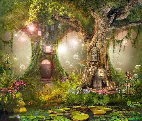 сказочный лес, пруд, кувшинки, волшебство, дерево, девочка, эльф, одуванчики, зеленый, месяц, дом на дереве