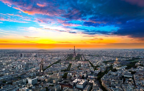 тучи, париж, вид на город, пейзаж, горизонт, синие, оранжевые, бежевые