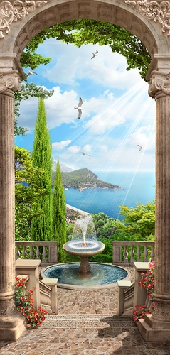 арка, фонтан, вид на море, зелень, растительность, цветы, чайки, птицы, море, зеленые, бежевые, голубые