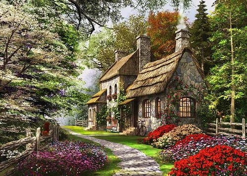 дом, домик, парк, лес, деревья, цветы, лавка, тропинка, велосипед, зелень, зеленые, бежевые