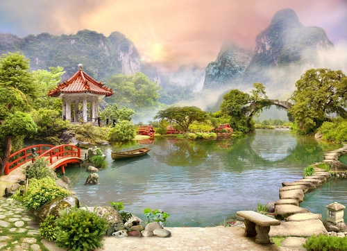 япония, озеро, парк, пагода, зеленые, синие, красные, HD