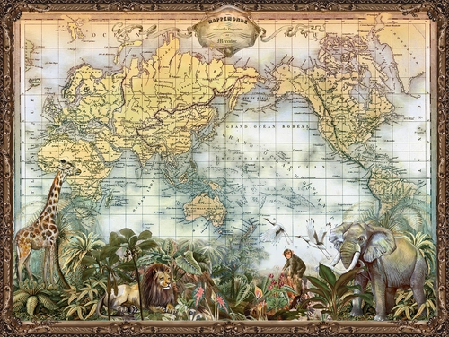 карта, материки, звери, растения, надписи, зелёные, жёлтые, серые